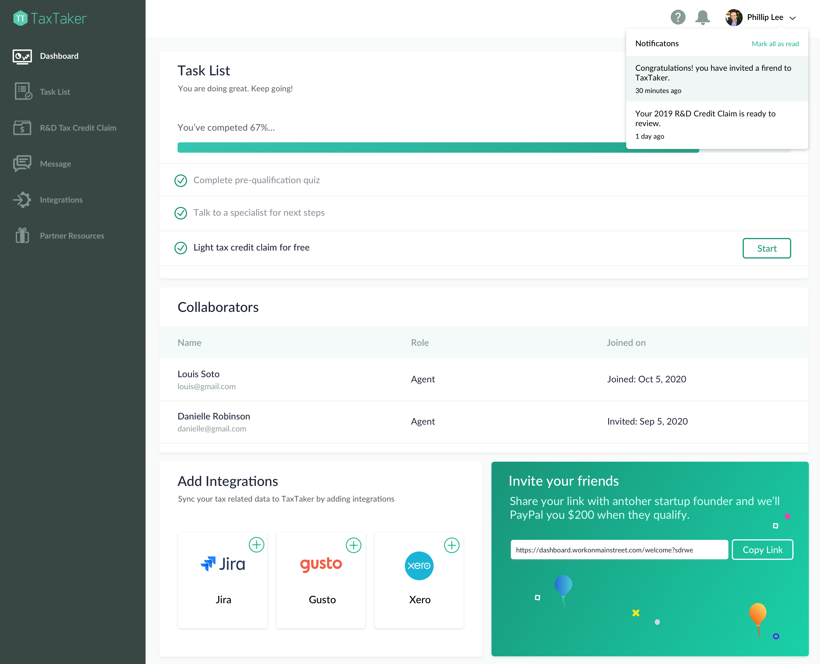 TaxTaker R&D Tax Credit pdashboard preview
